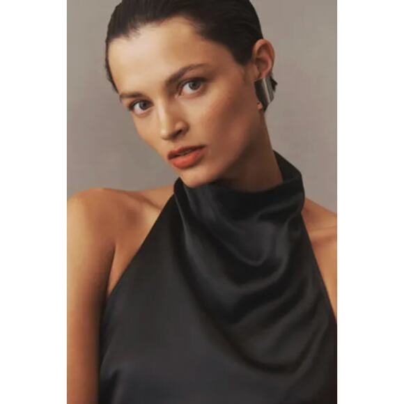 BHLDN Dress XL Holly Halter Stretch Satin Midi Black Slip Formal Party Wedding - Picture 3 of 14